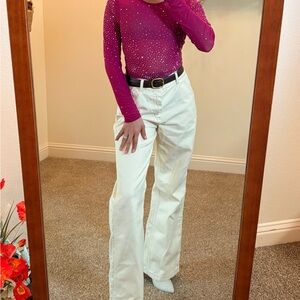 Pink Studded Long Sleeve Top and White Wide-Leg Pants
